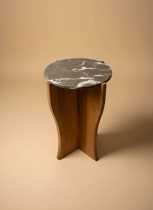 Nero Marquina Marble & Walnut Sculptural Side Table – Modern Handmade Accent Table for Living Room