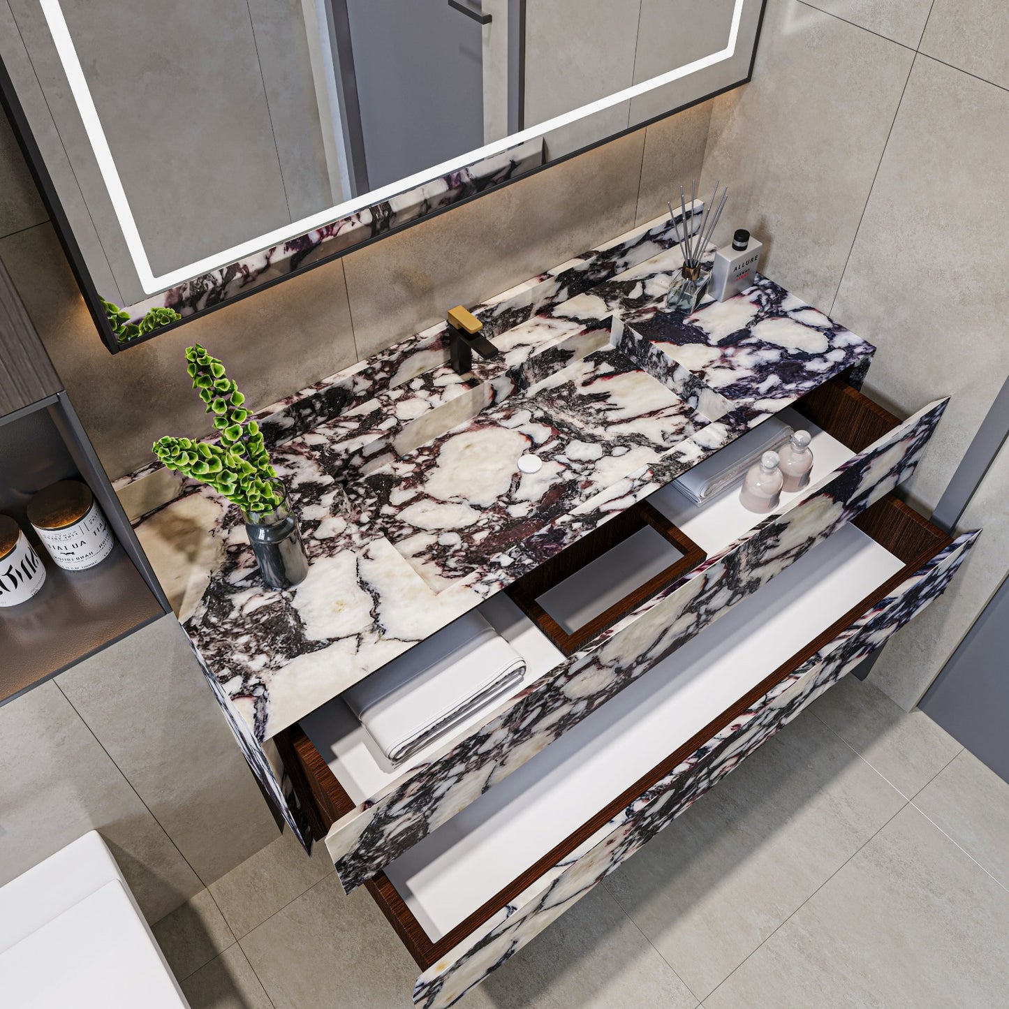 Wall Mount Calacatta Viola Marble Vanity Unit with Marble Drawers and Integrated Sink