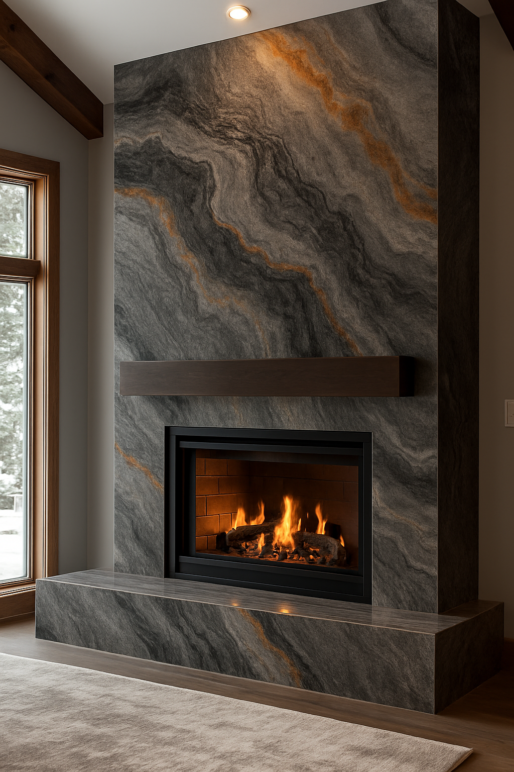 Luxury Gray & Brown Veined Marble Fireplace