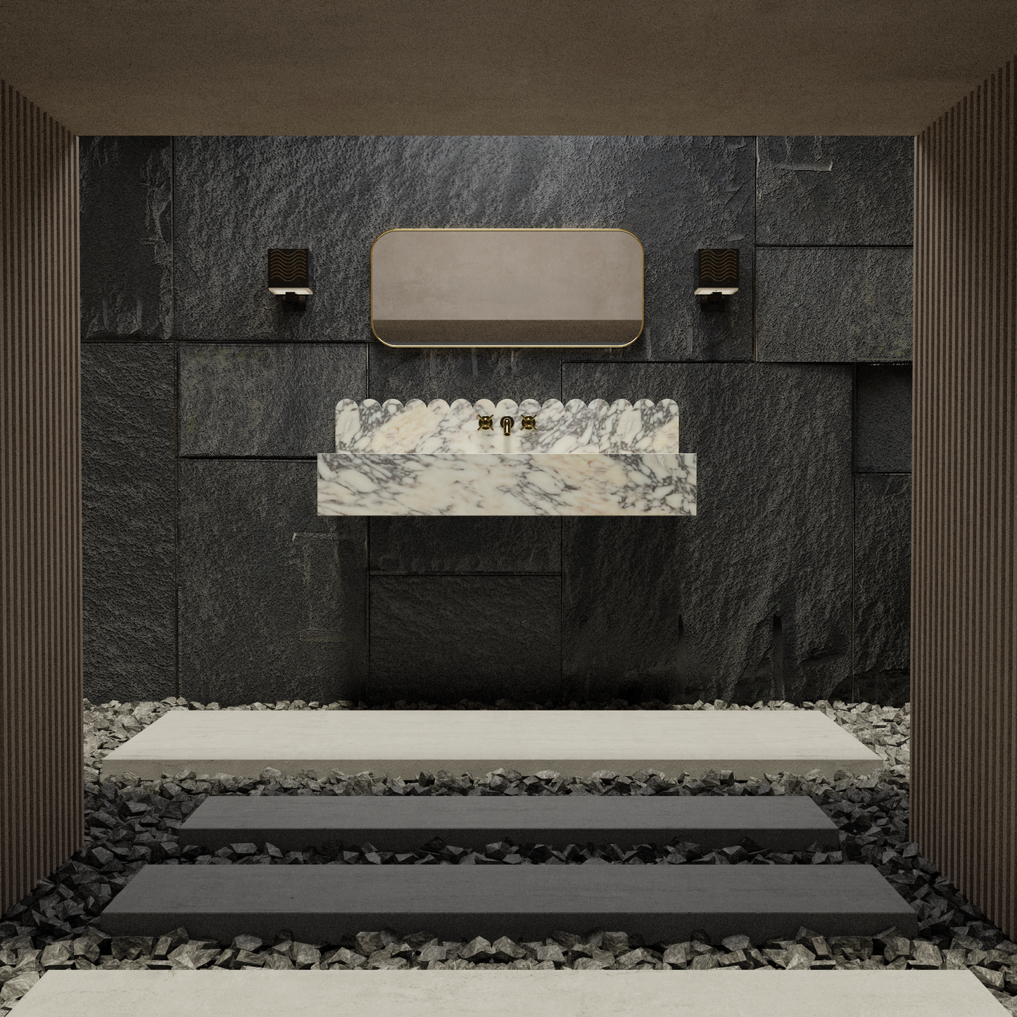 Luxury Calacatta Gold Wall Mounted Marble Vanity Sink with Scalloped Backsplash