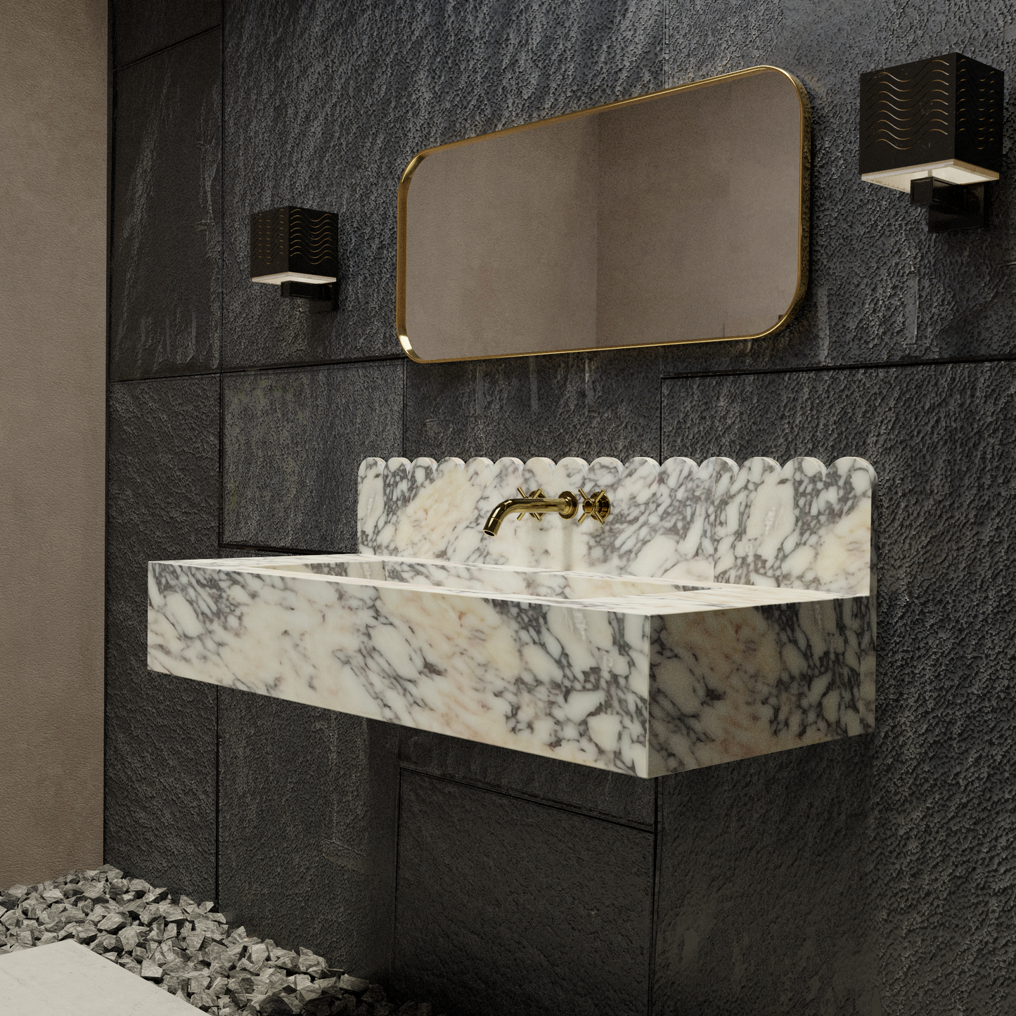 Luxury Calacatta Gold Wall Mounted Marble Vanity Sink with Scalloped Backsplash