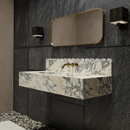 Luxury Calacatta Gold Wall Mounted Marble Vanity Sink with Scalloped Backsplash