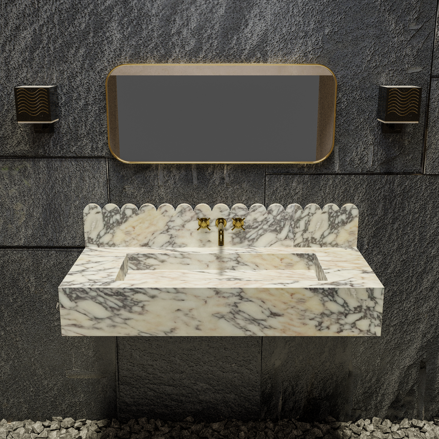 Luxury Calacatta Gold Wall Mounted Marble Vanity Sink with Scalloped Backsplash