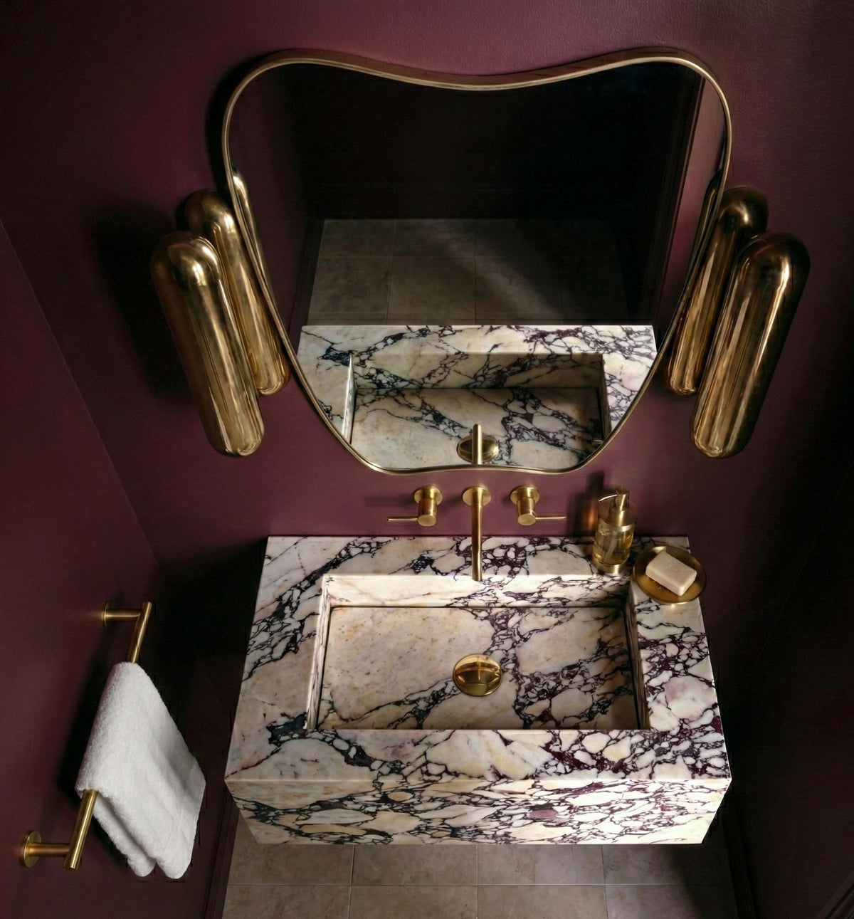 Custom Calacatta Viola floating marble vanity sink – view 4