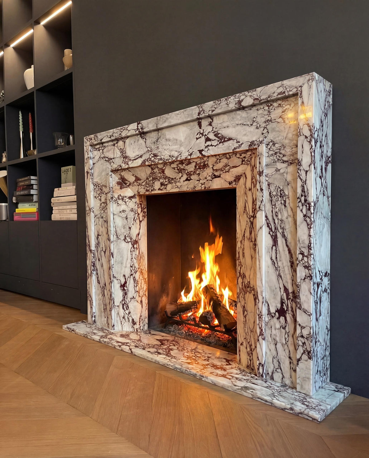 Calacatta Viola marble French-style fireplace mantel