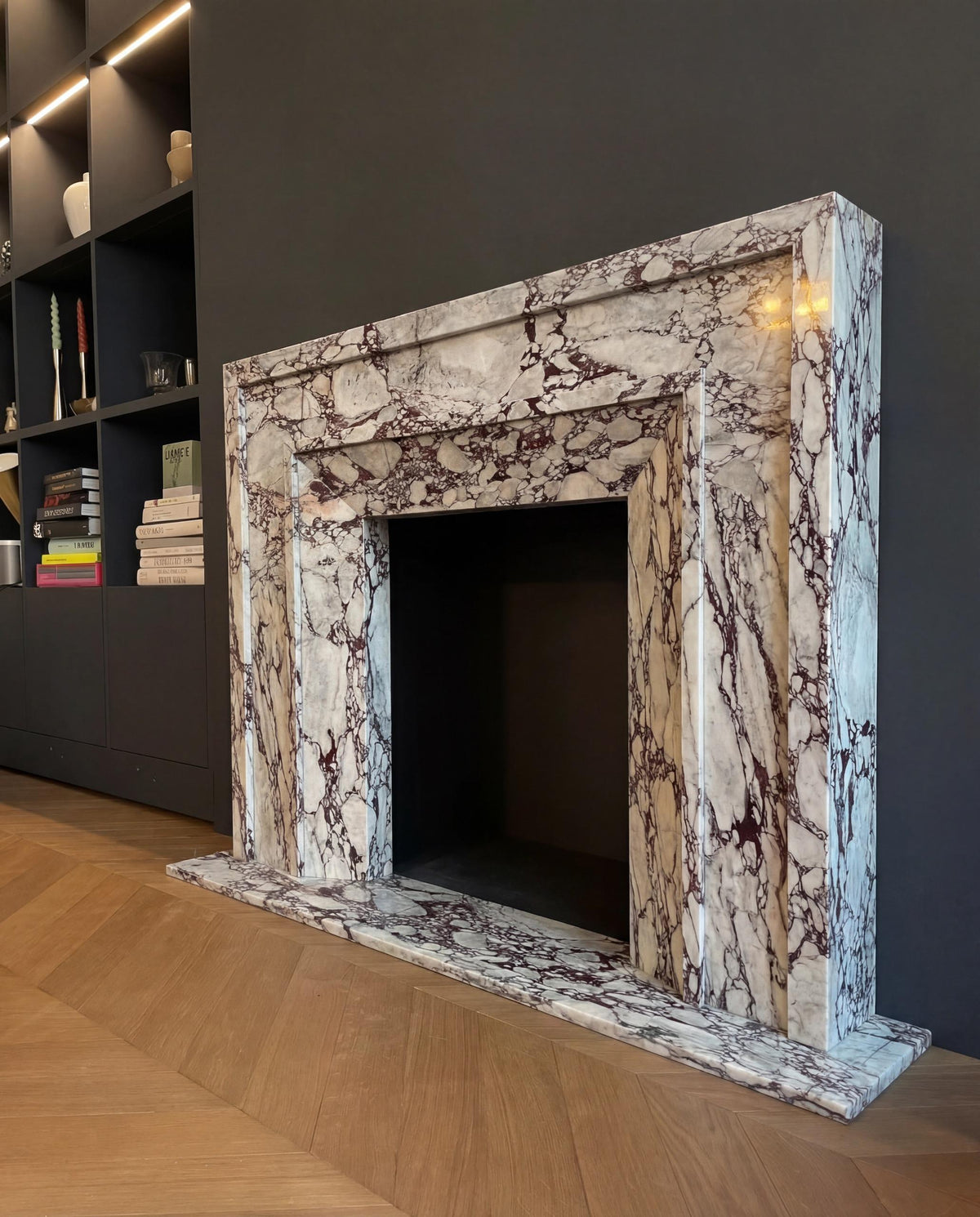 Calacatta Viola marble French-style fireplace mantel – view 2