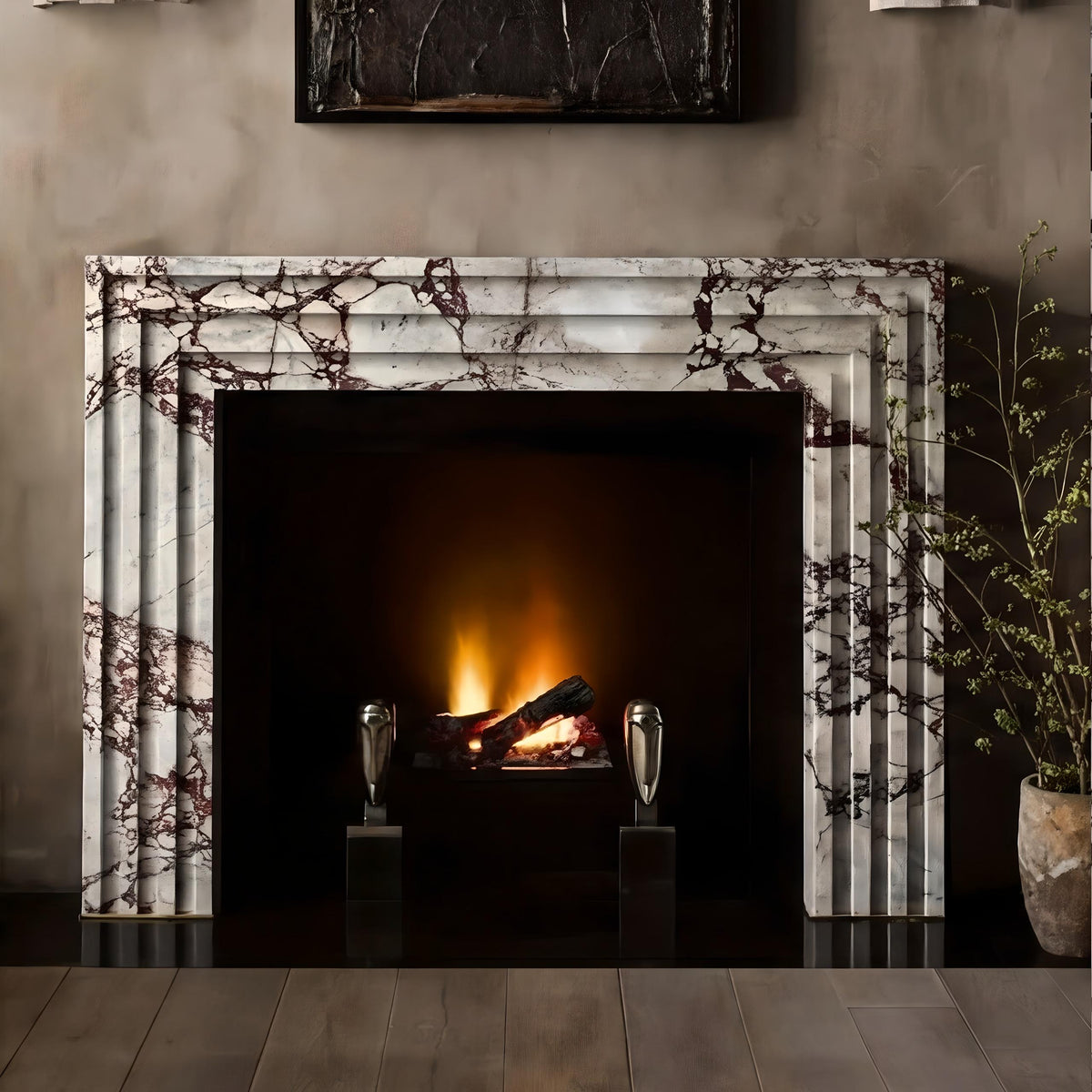 Compact Art Deco Calacatta Viola stepped fireplace mantel