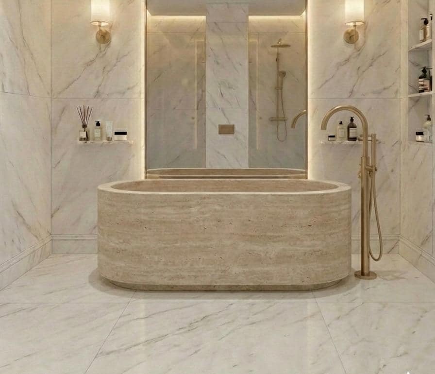 Beige travertine oval freestanding stone bathtub