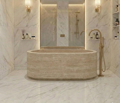 Beige travertine oval freestanding stone bathtub
