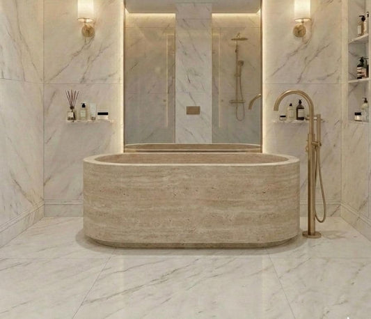 Beige travertine oval freestanding stone bathtub