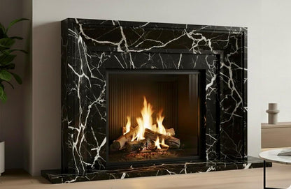 Custom black marble fireplace surround with white veining – view 5