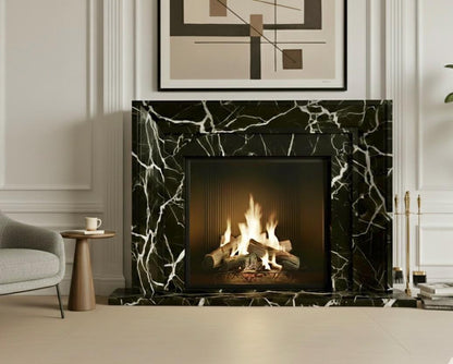 Custom black marble fireplace surround with white veining
