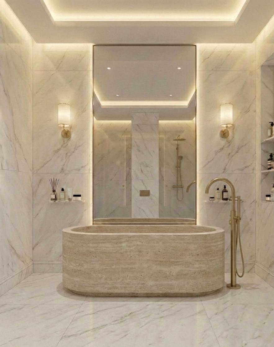 Beige travertine oval freestanding stone bathtub – view 2
