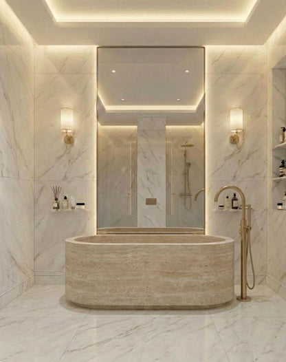 Beige travertine oval freestanding stone bathtub – view 2