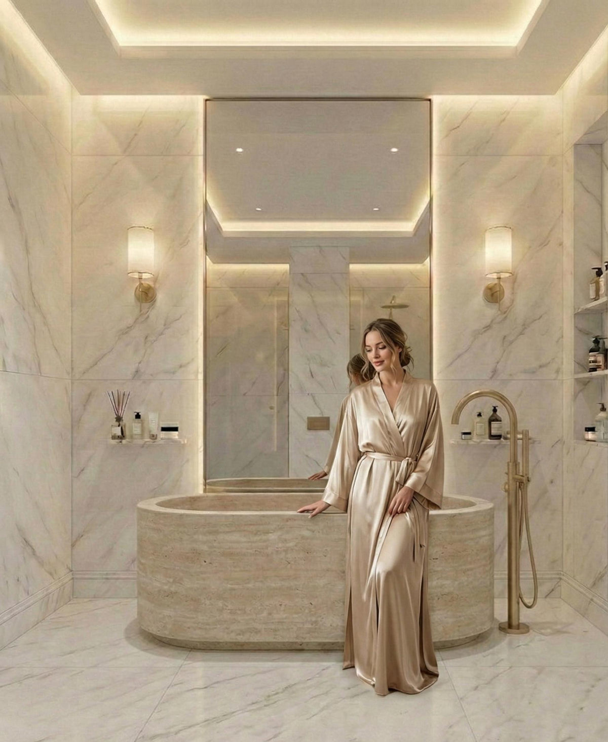 Beige travertine oval freestanding stone bathtub – view 3