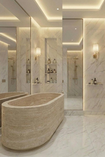 Beige travertine oval freestanding stone bathtub – view 4