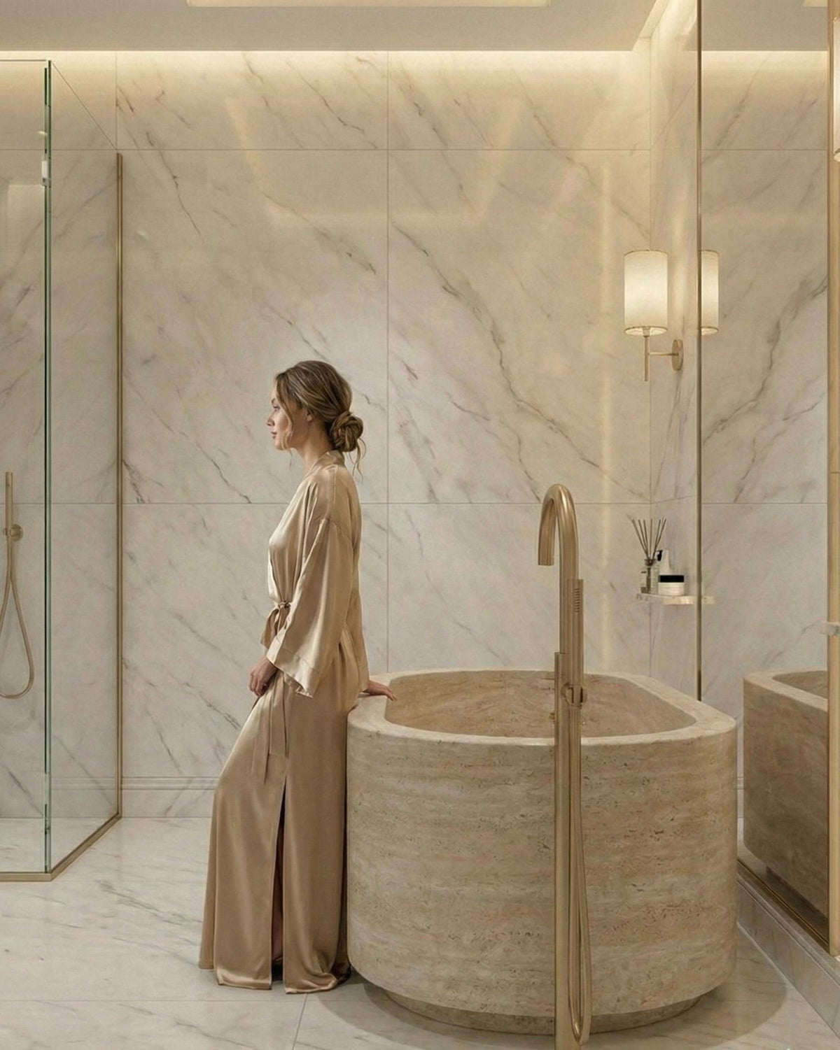 Beige travertine oval freestanding stone bathtub – view 5