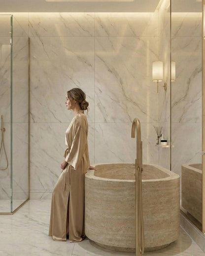 Beige travertine oval freestanding stone bathtub – view 5