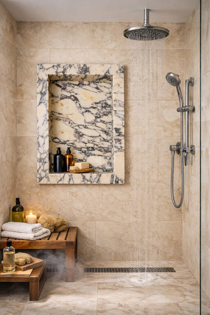 Calacatta Arabescato Recessed Marble Shower Niche Shelf, Stone Wall Insert