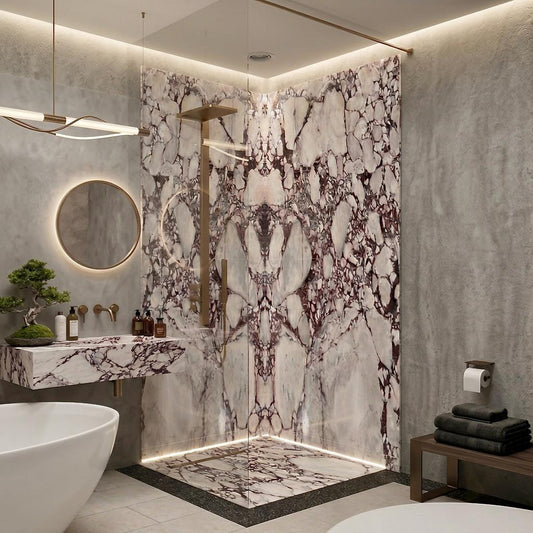 Calacatta Viola Shower Wall Cladding Bookmatched Slab Natural Stone Modular Tiles, Modern Bathroom Concept