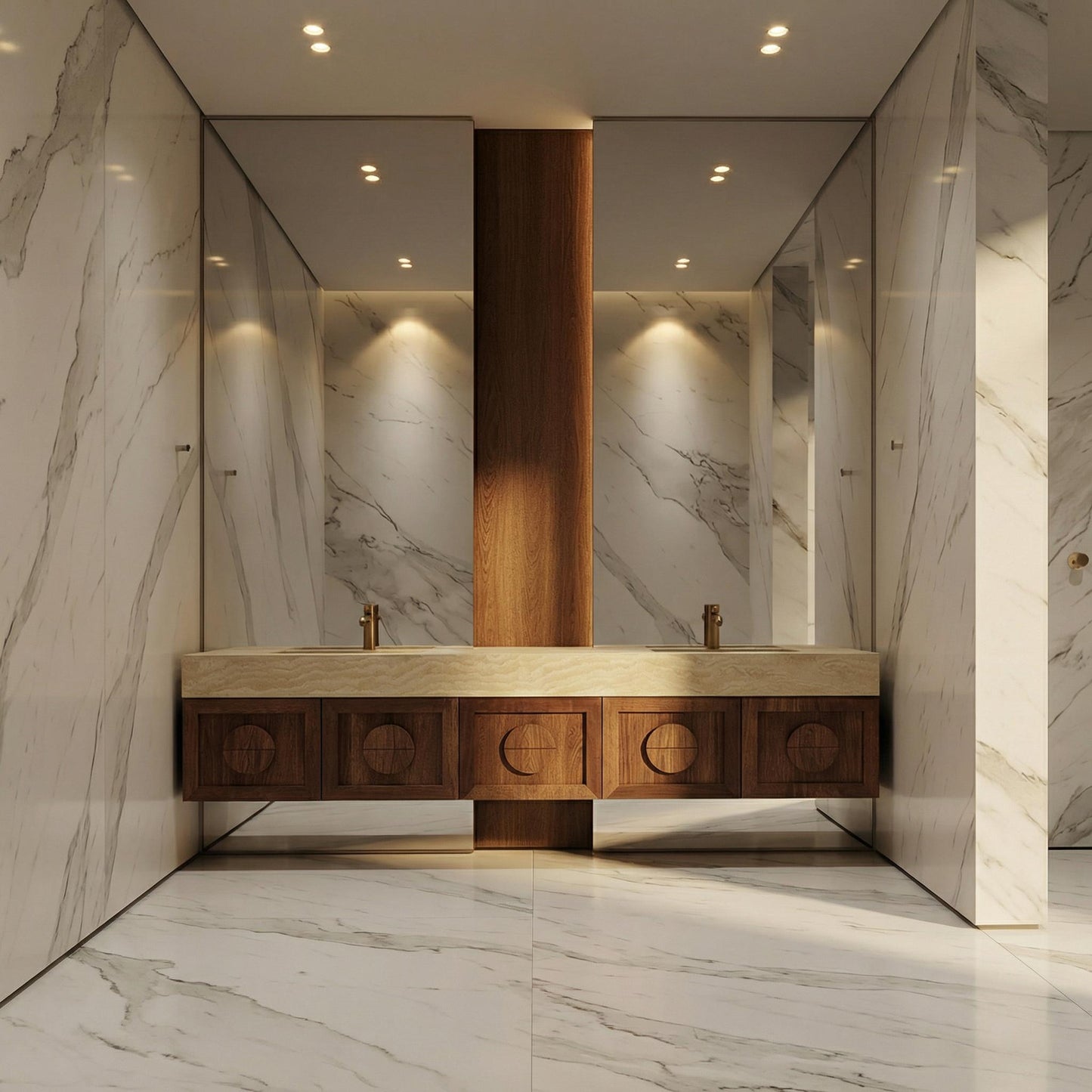 Travertine Floating Vanity, Handcrafted Walnut Cabinet, Organic Modern Stone Double Sink