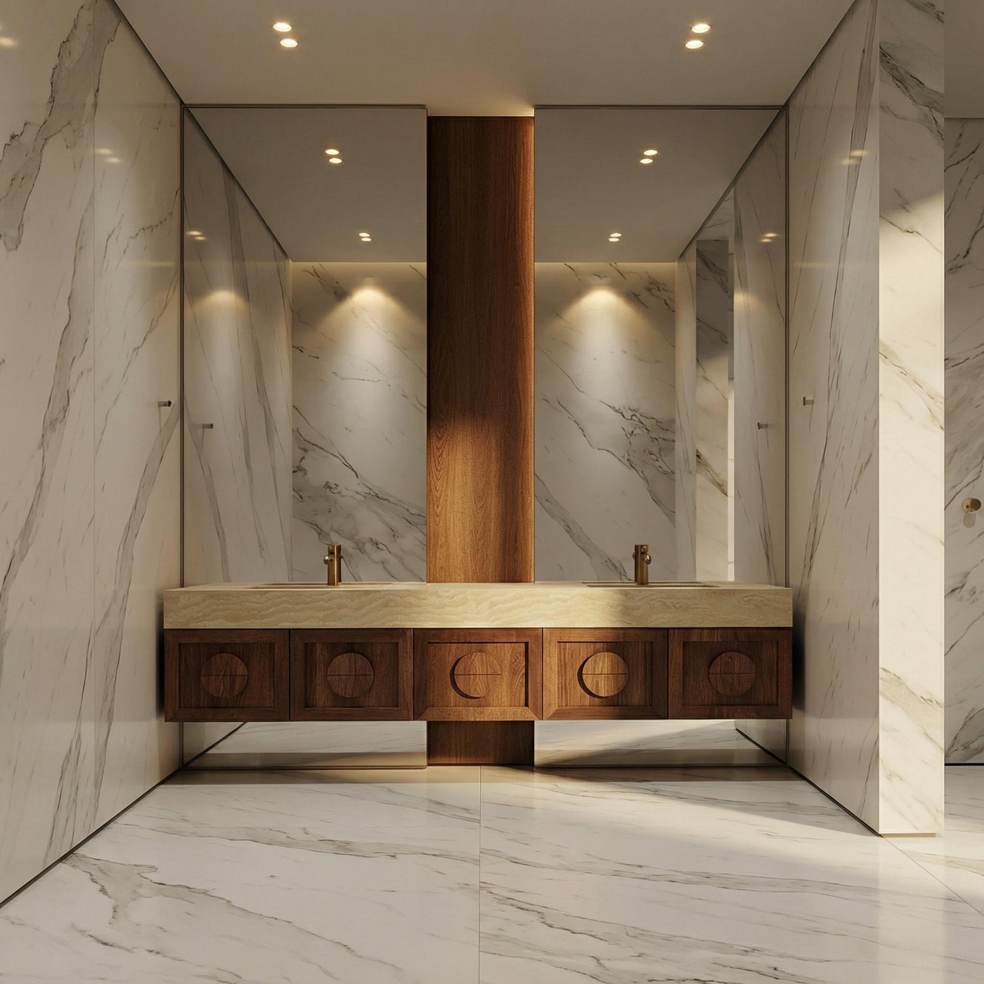 Travertine Floating Vanity, Handcrafted Walnut Cabinet, Organic Modern Stone Double Sink