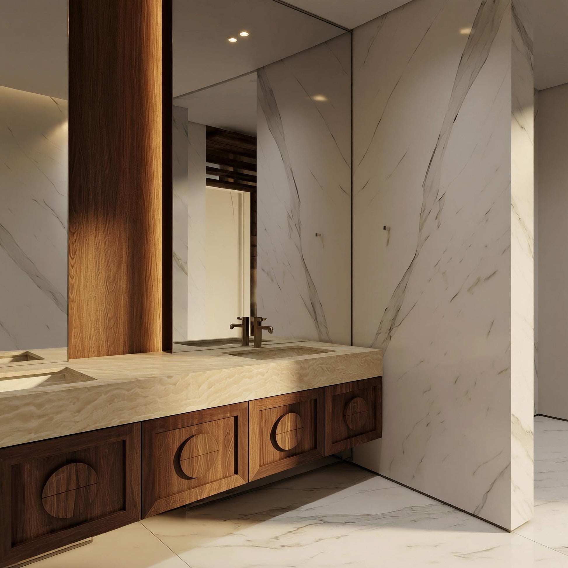 Travertine Floating Vanity, Handcrafted Walnut Cabinet, Organic Modern Stone Double Sink