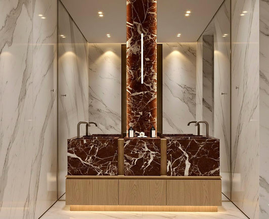 Freestanding Double Sink Vanity, Rosso Levanto Marble Basins, Oak Bathroom Cabinet, Modern Bath Design