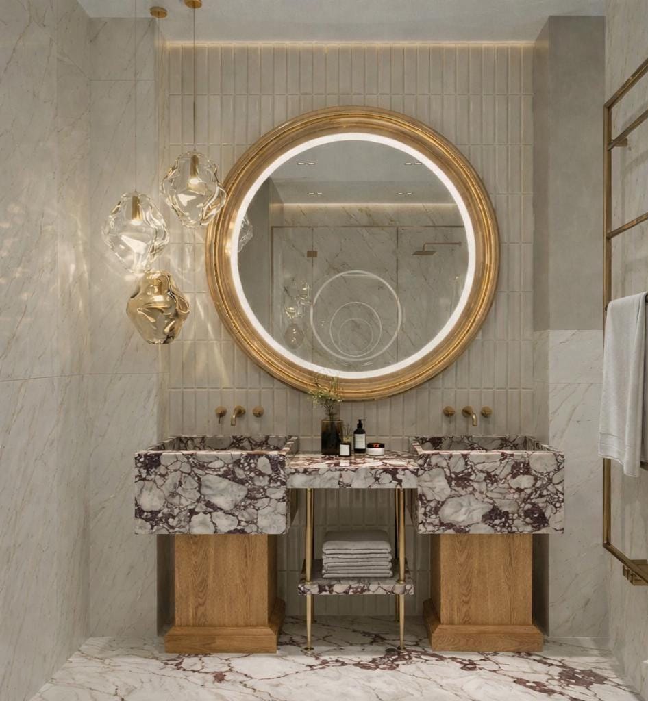 Green Marble Double Sink Vanity, Custom Oak Millwork, Luxury Japandi Bathroom Pedestal