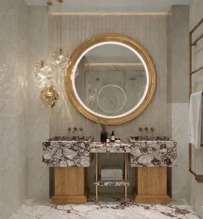 Green Marble Double Sink Vanity, Custom Oak Millwork, Luxury Japandi Bathroom Pedestal