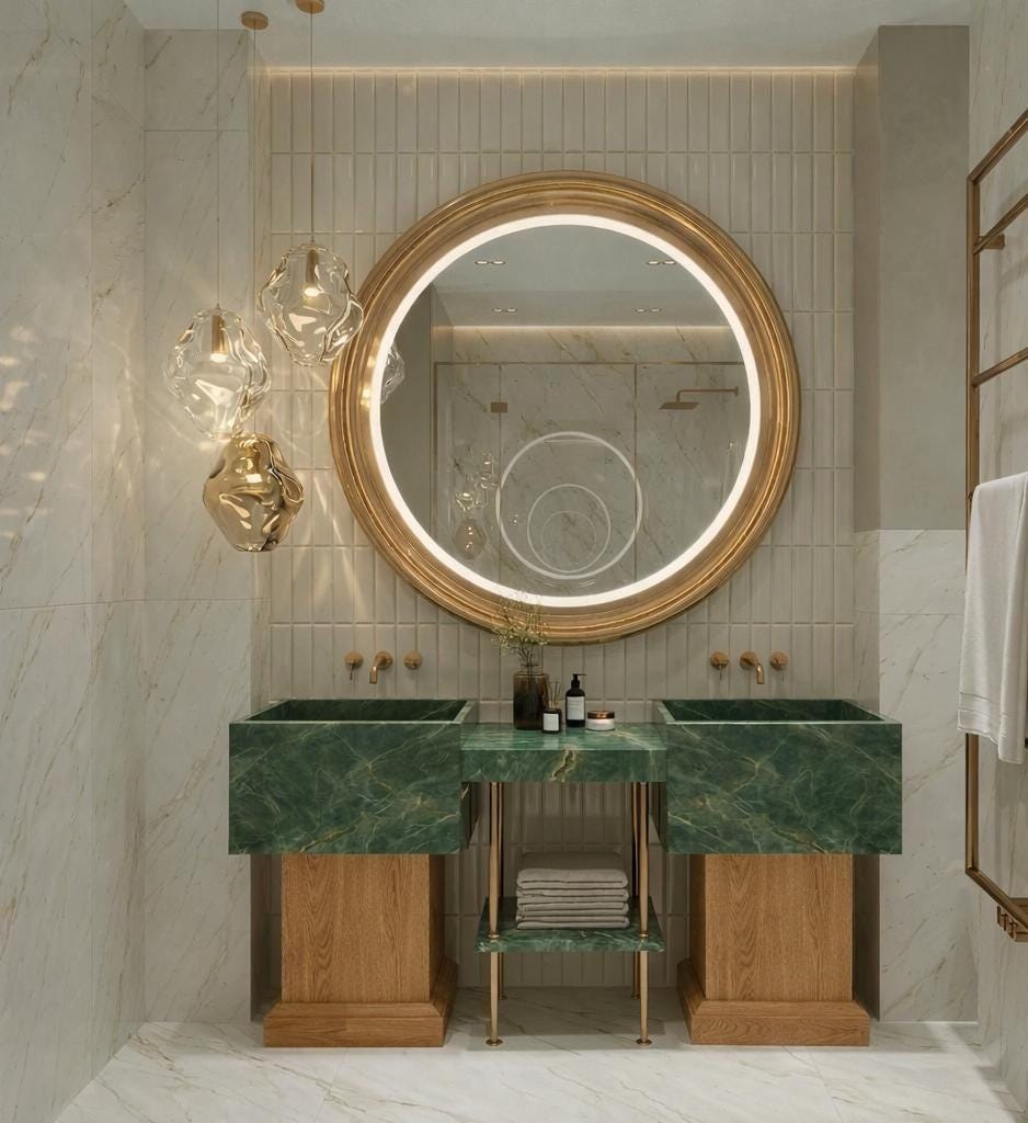 Green Marble Double Sink Vanity, Custom Oak Millwork, Luxury Japandi Bathroom Pedestal
