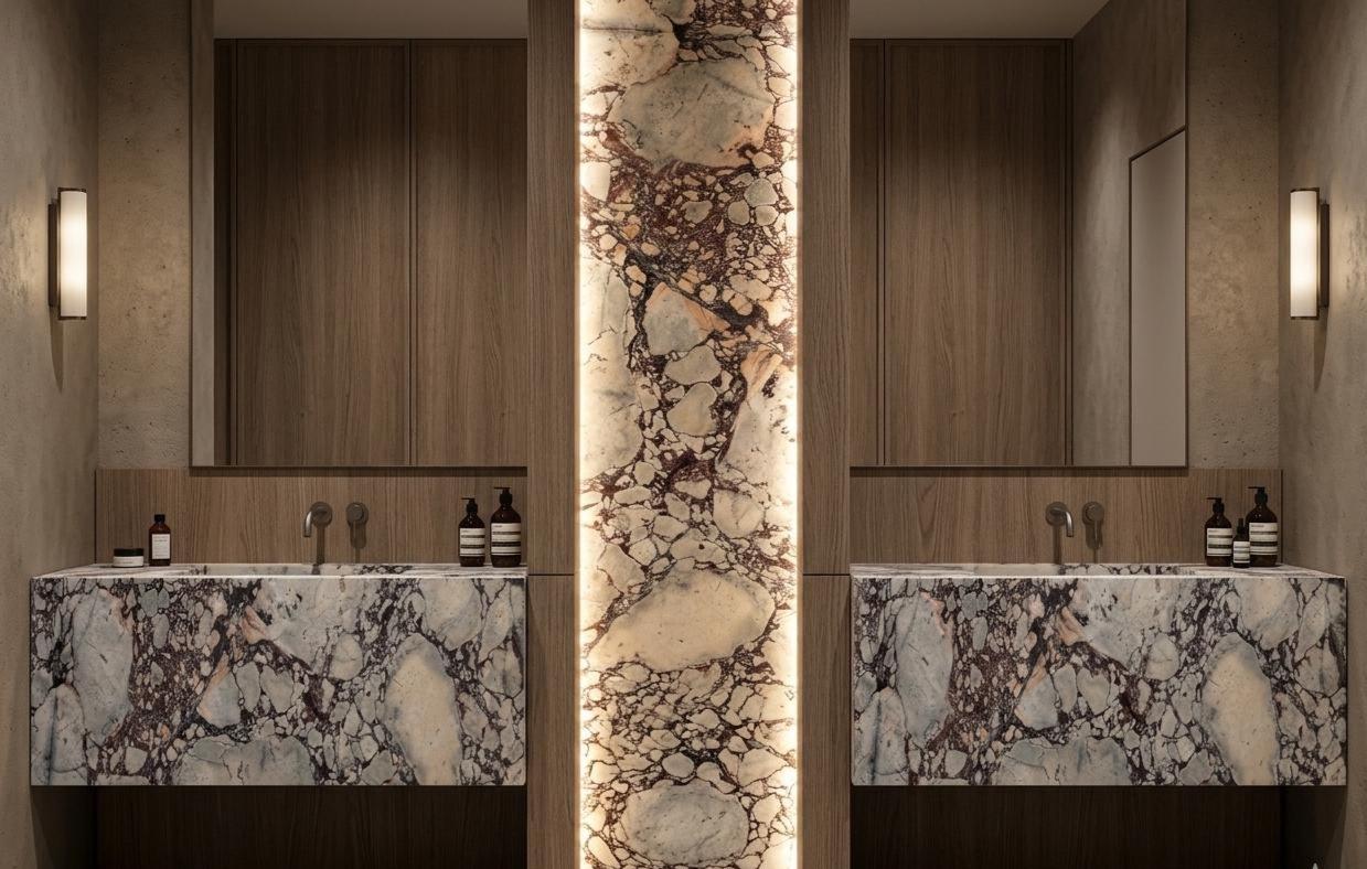 Calacatta Viola Double Vanity, Marble Backlit Stone Panel, Hotel Style Sinks