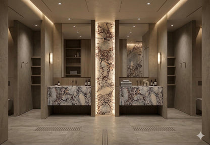 Calacatta Viola Double Vanity, Marble Backlit Stone Panel, Hotel Style Sinks