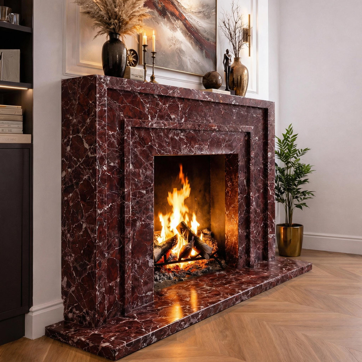 Rosso Levanto red marble fireplace surround – view 2
