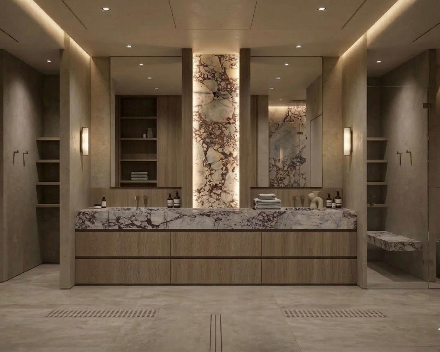 Calacatta Marble Double Vanity, Custom Oak Millwork Freestanding Bathroom Cabinet