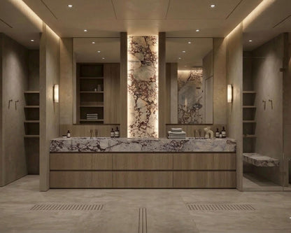 Calacatta Marble Double Vanity, Custom Oak Millwork Freestanding Bathroom Cabinet