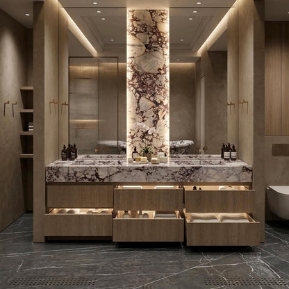 Calacatta Marble Double Vanity, Custom Oak Millwork Freestanding Bathroom Cabinet
