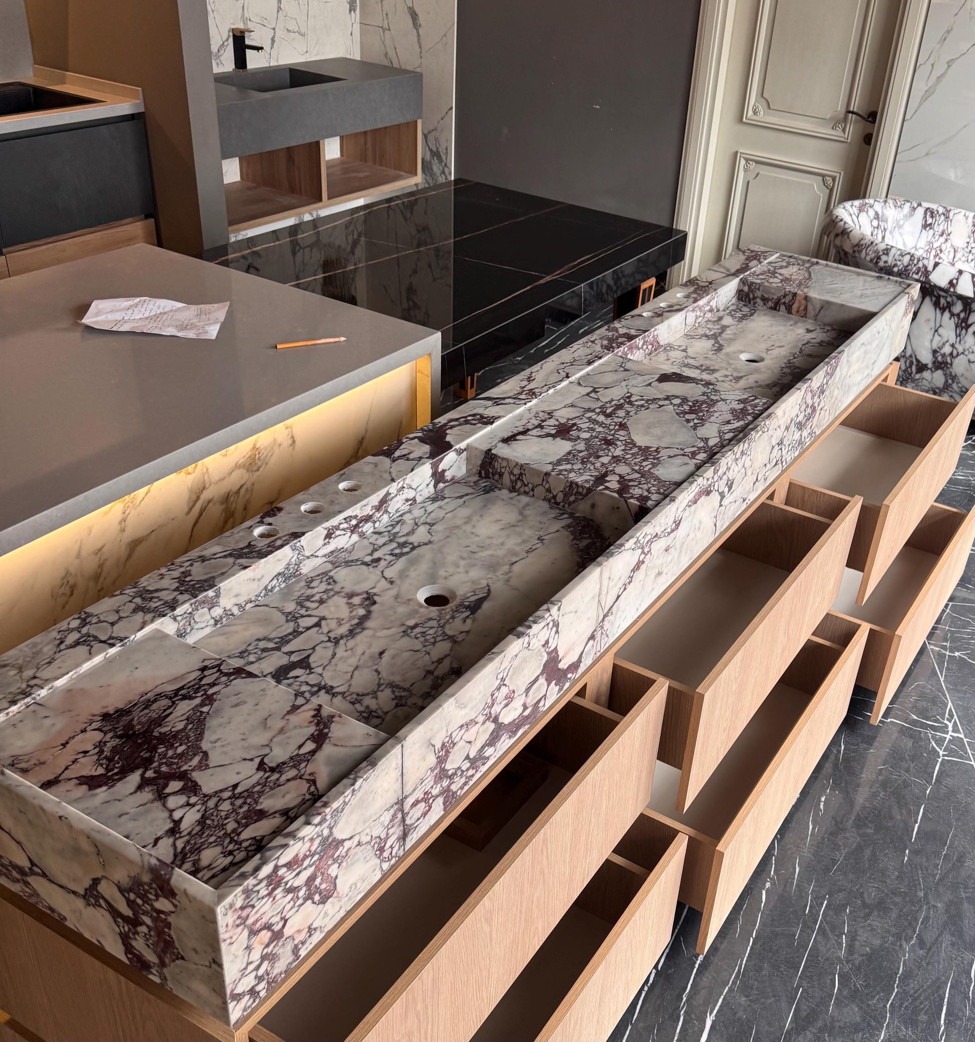 Calacatta Marble Double Vanity, Custom Oak Millwork Freestanding Bathroom Cabinet