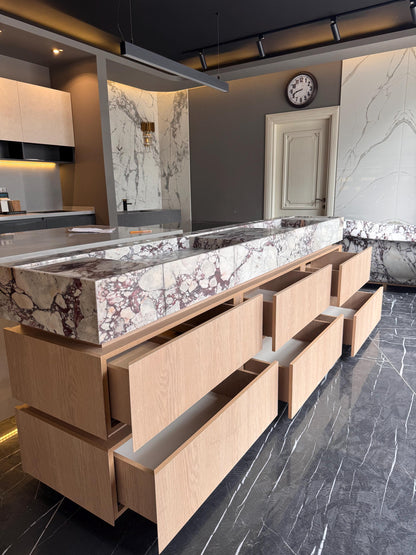 Calacatta Marble Double Vanity, Custom Oak Millwork Freestanding Bathroom Cabinet
