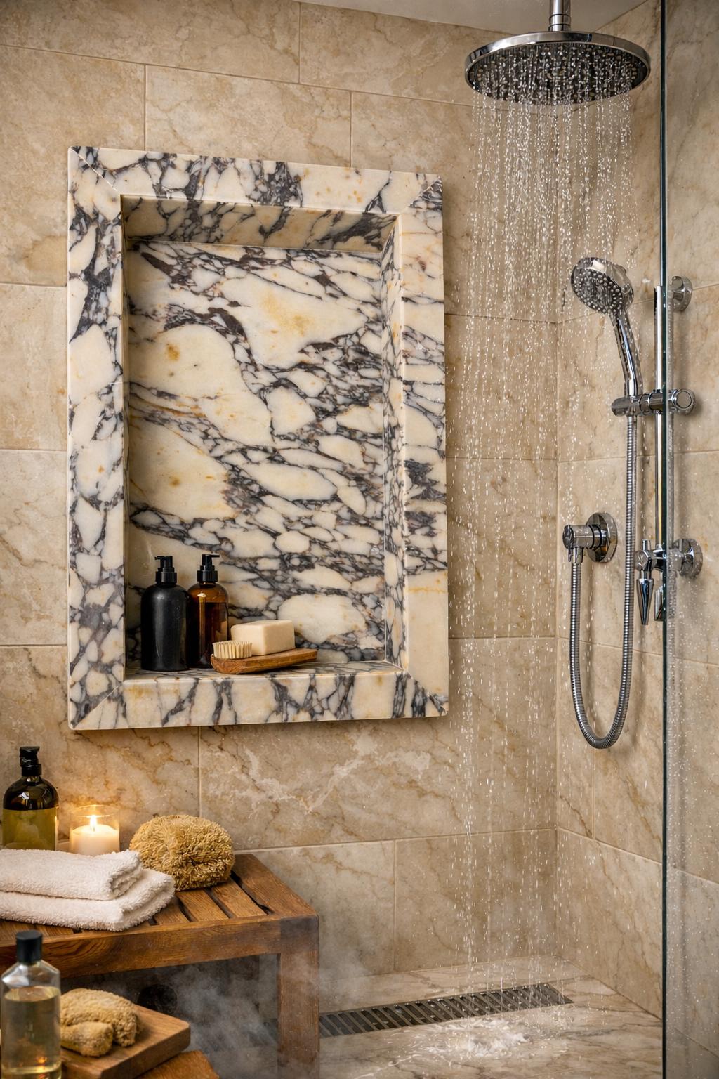 Calacatta Arabescato Recessed Marble Shower Niche Shelf, Stone Wall Insert