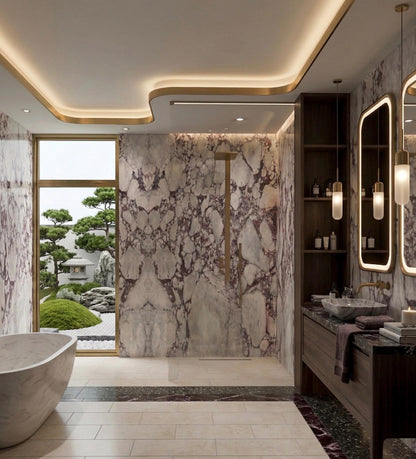 Calacatta Viola Shower Wall Cladding Bookmatched Slab Natural Stone Modular Tiles, Modern Bathroom Concept