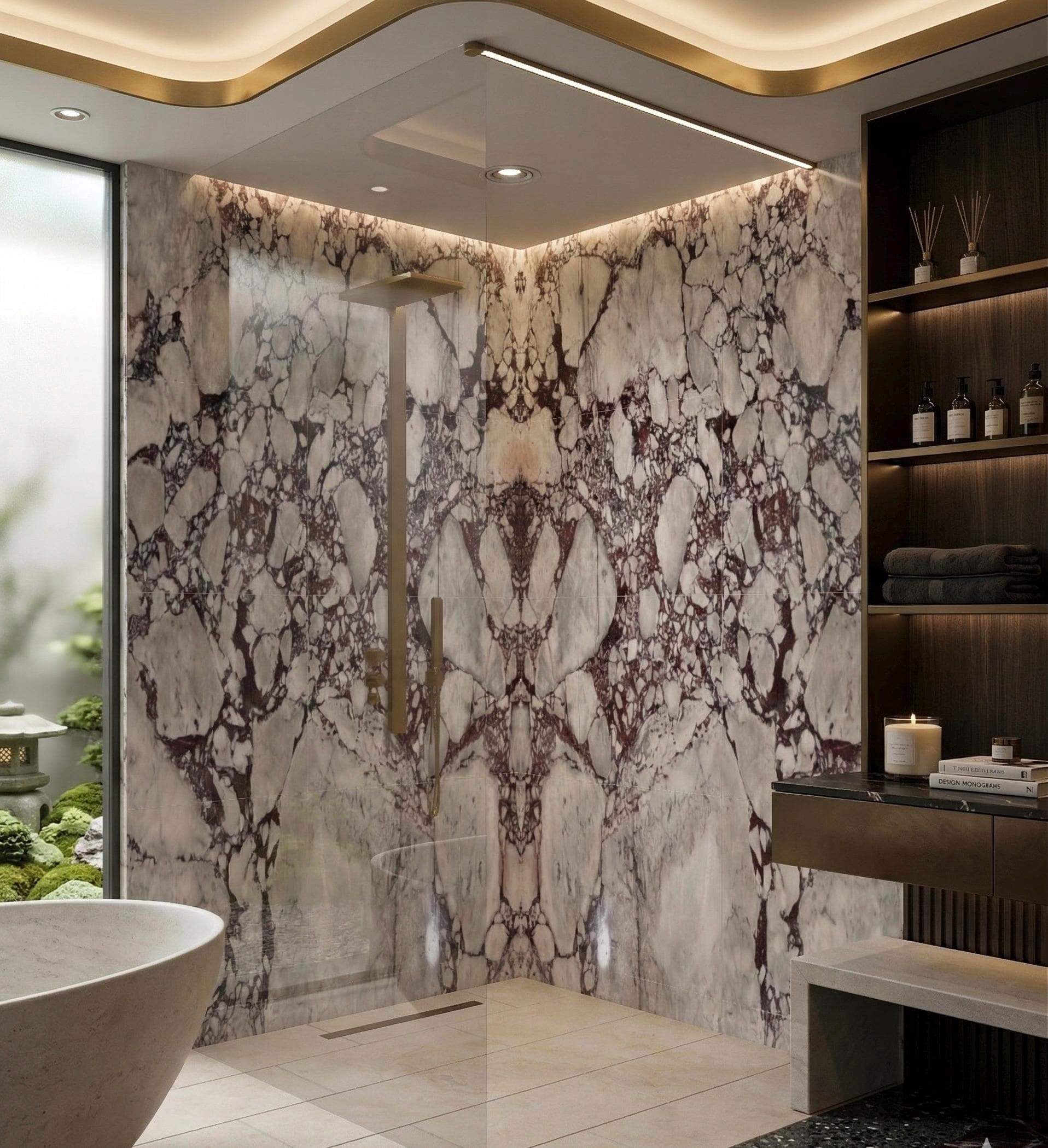 Calacatta Viola Shower Wall Cladding Bookmatched Slab Natural Stone Modular Tiles, Modern Bathroom Concept
