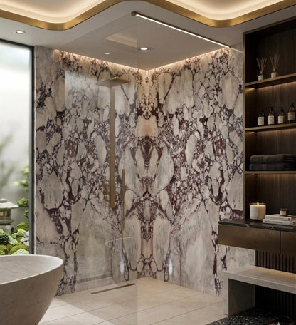 Calacatta Viola Shower Wall Cladding Bookmatched Slab Natural Stone Modular Tiles, Modern Bathroom Concept