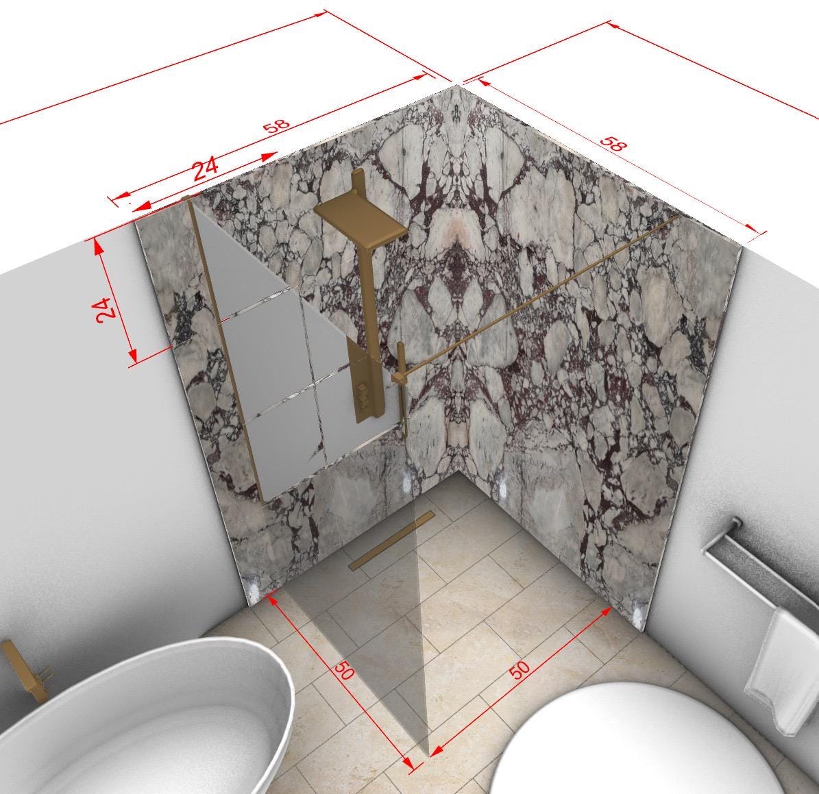 Calacatta Viola Shower Wall Cladding Bookmatched Slab Natural Stone Modular Tiles, Modern Bathroom Concept