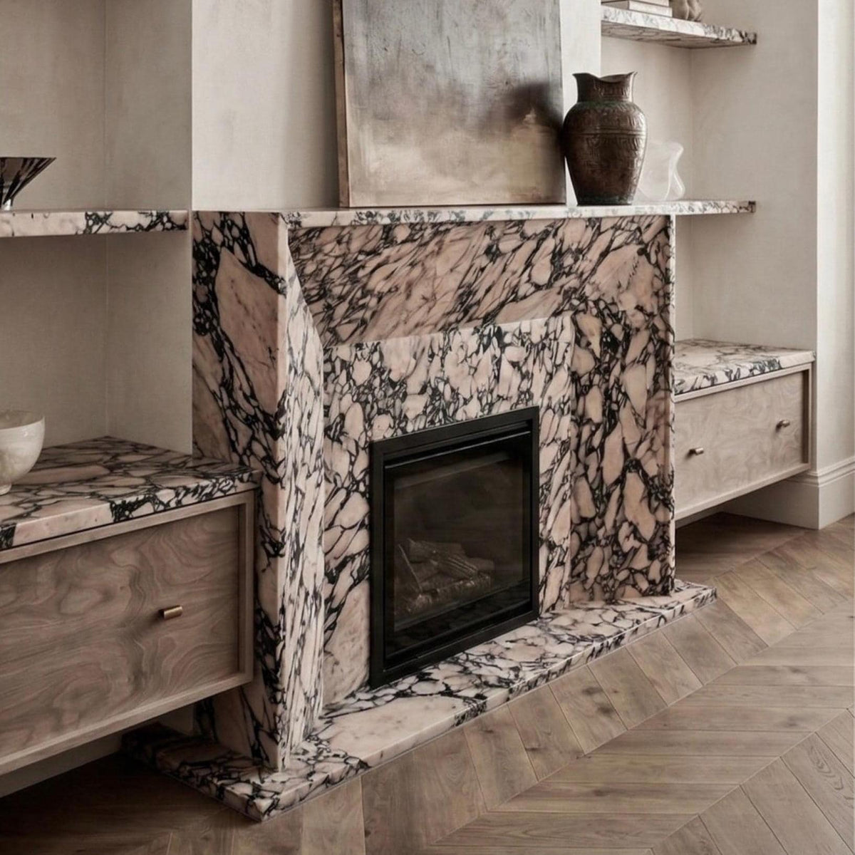 Bold vein Calacatta Viola marble fireplace surround with mitred edges – view 2