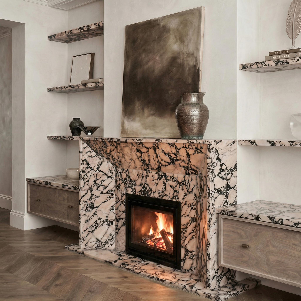Bold vein Calacatta Viola marble fireplace surround with mitred edges