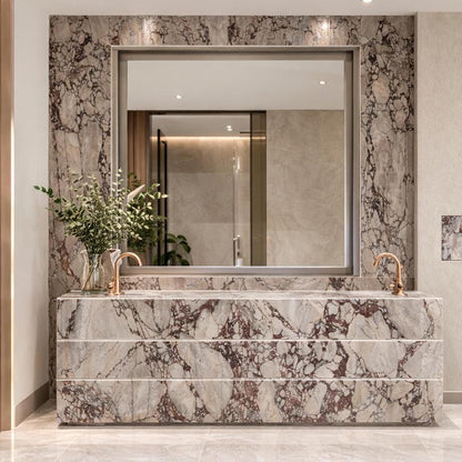 Custom Calacatta Viola Marble Vanity, Precision Bookmatched Wall Cladding