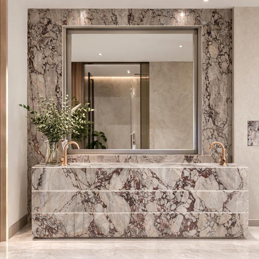 Custom Calacatta Viola Marble Vanity, Precision Bookmatched Wall Cladding