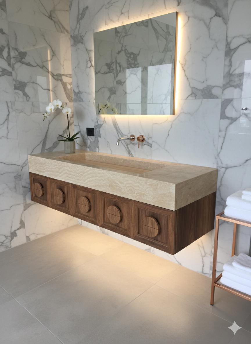 Travertine Floating Vanity, Handcrafted Walnut Cabinet, Organic Modern Stone Double Sink