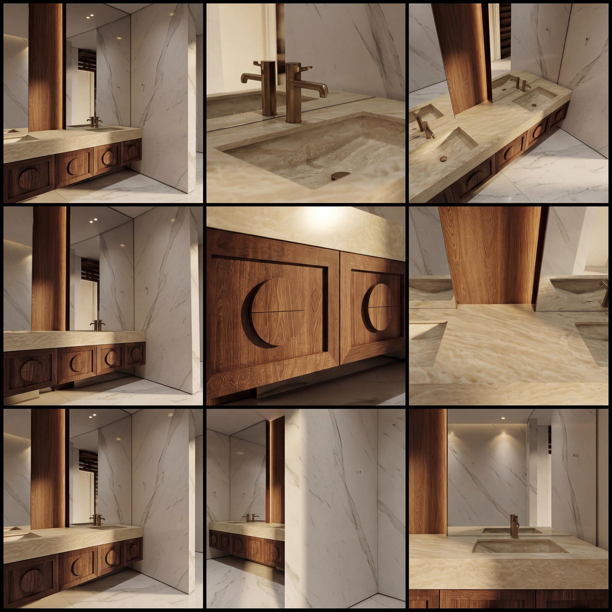 Travertine Floating Vanity, Handcrafted Walnut Cabinet, Organic Modern Stone Double Sink